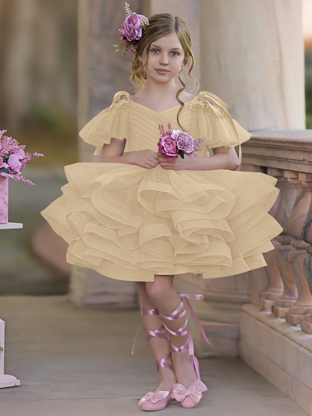 Vestido de fiesta/princesa de tul hasta la rodilla para niña de las flores de cumpleaños