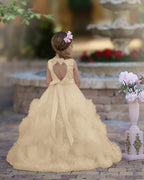 A-Linie Satin Tüll Bodenlang Kaskadierende Rüschen Blumenmädchenkleid