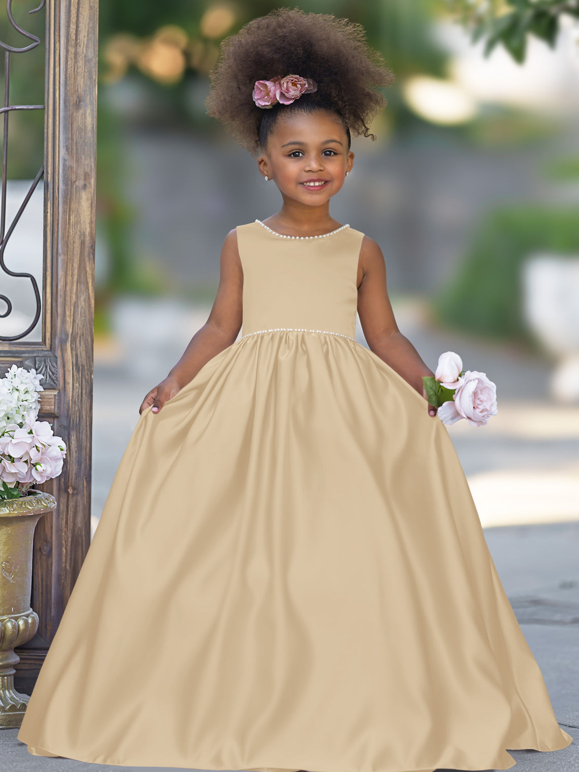 Sleeveless Satin Beaded Neckline and Bow Detail Dress