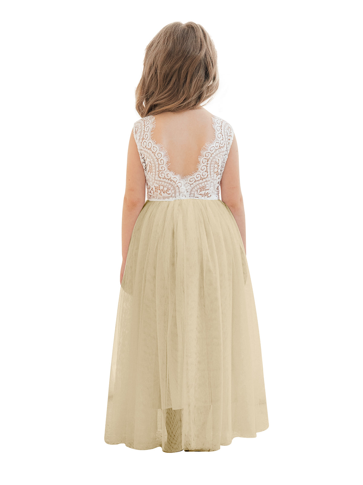 Vestido blanco de tul con encaje y corte en A hasta los tobillos (2003227597)