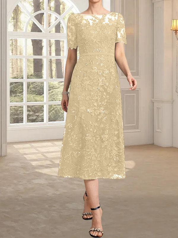 Vestido de madre de la novia de encaje con lentejuelas, corte A, escote ilusión y largo hasta la rodilla