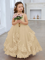 Vestido de princesa de tul sin mangas con apliques de encaje y cola larga para niñas
