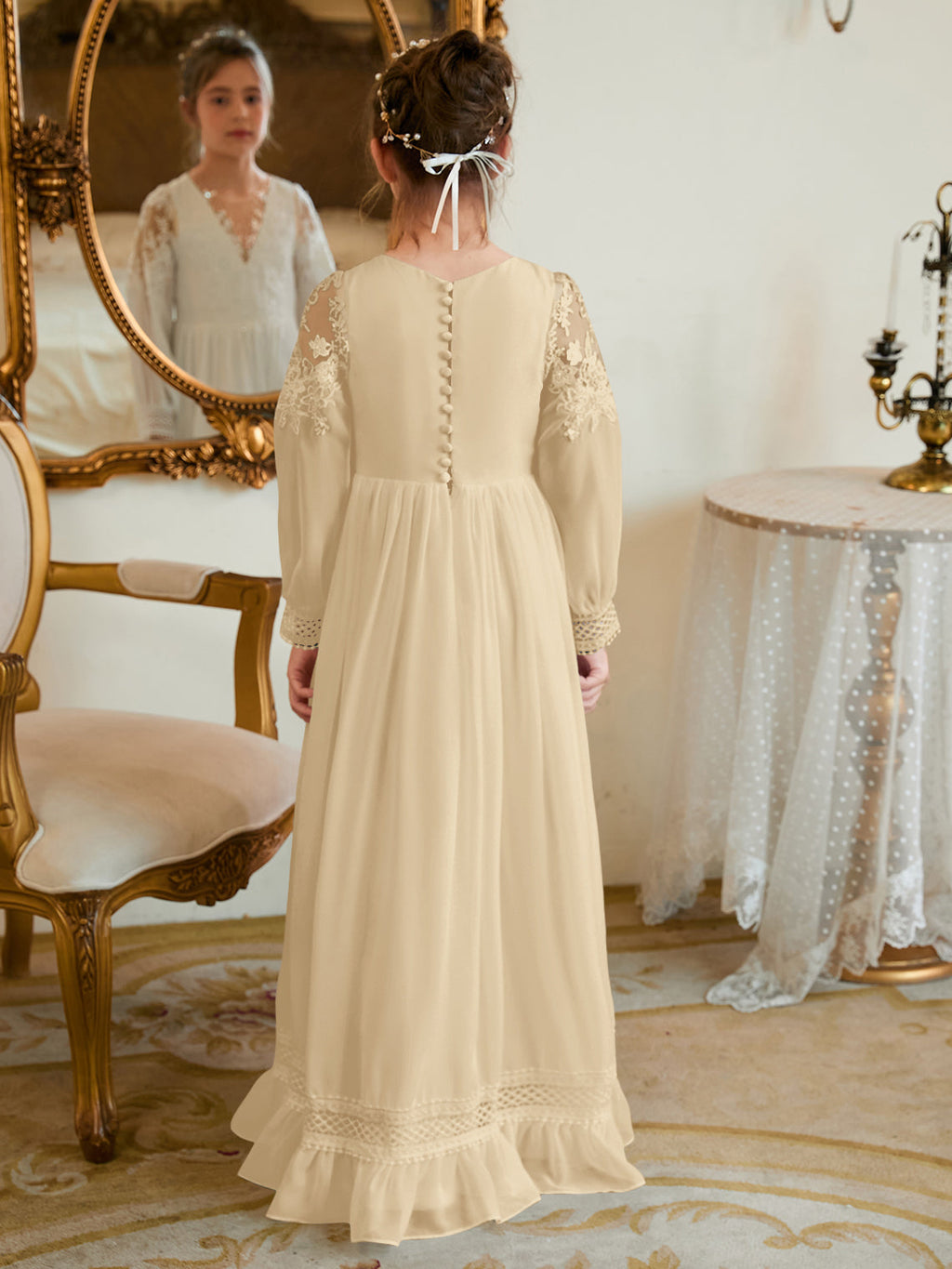 Bodenlanges Chiffon-Kleid in A-Linie und Elfenbein für die Erstkommunion 