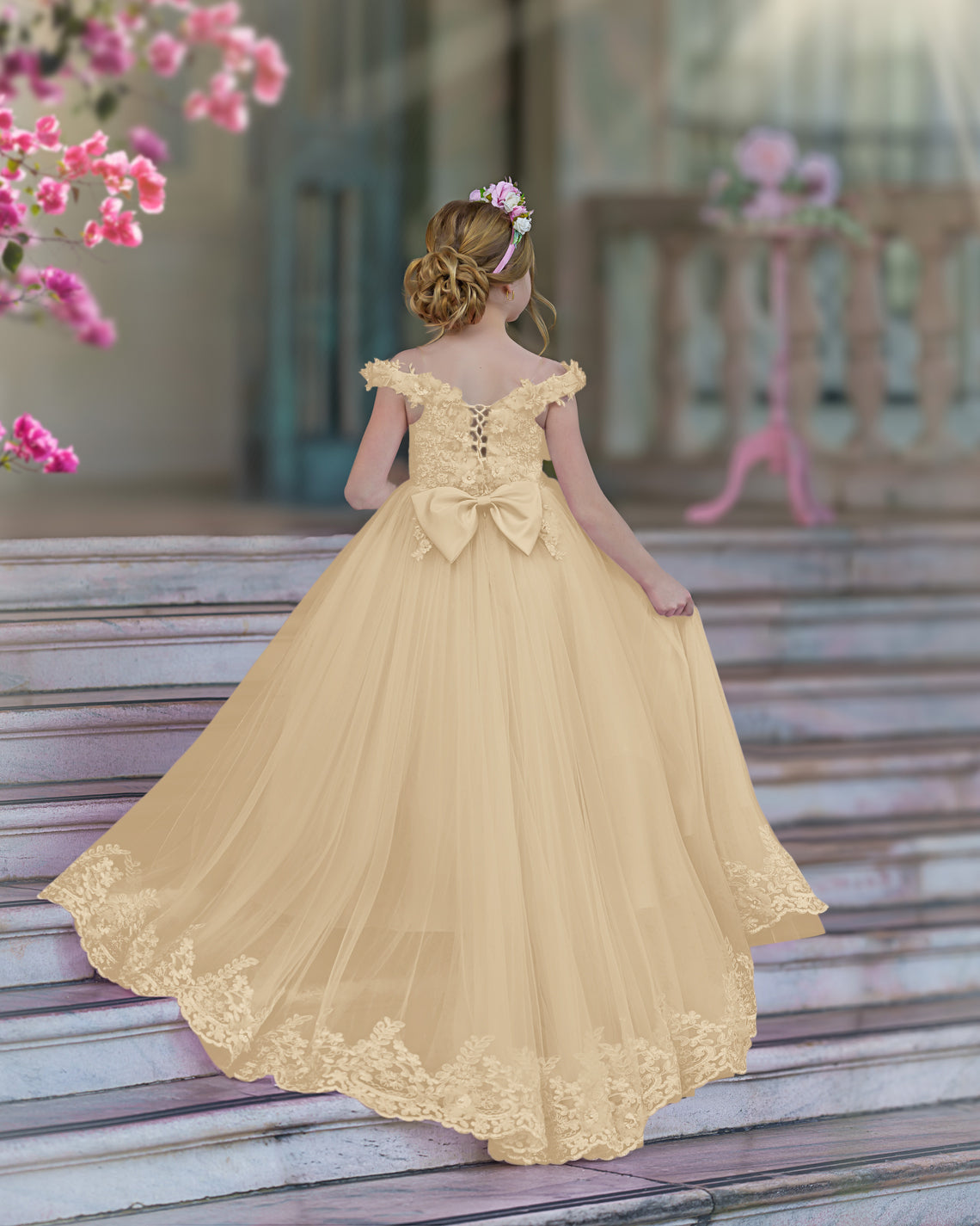 Vestido de fiesta/princesa de encaje con cola larga, color rosa, para cumpleaños