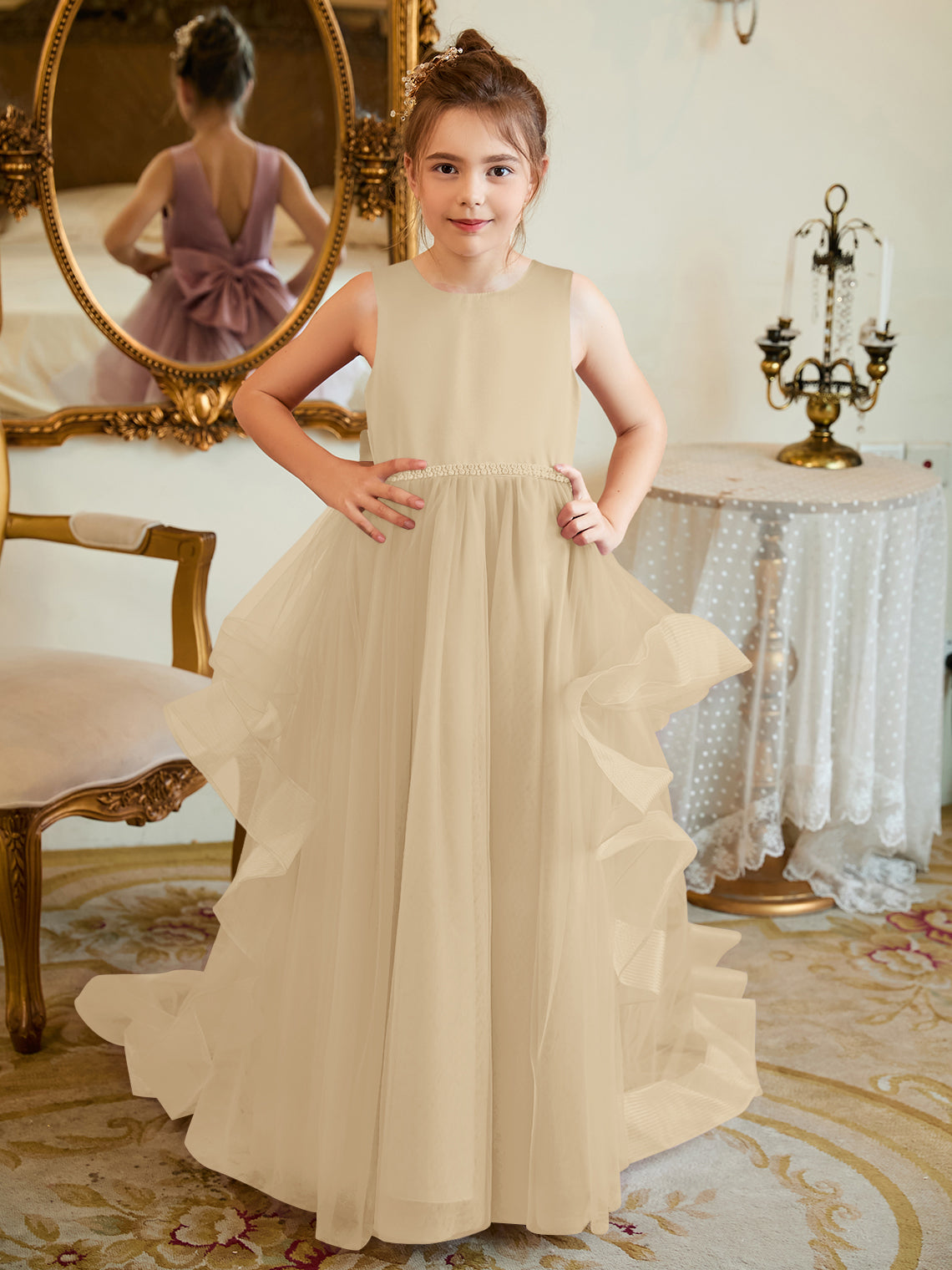 Duchesse-Linie/Princess-Linie Satin Tüll Bodenlang Blumenmädchenkleid 