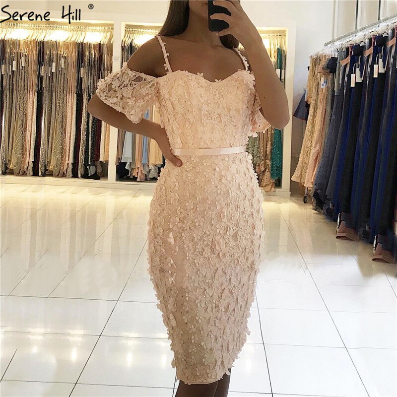 En oferta, sin devolución ni reembolso. Oferta, vestido de cóctel elegante y sexy de manga corta color champán, hecho a mano con flores y cristales, vestidos de cóctel para fiesta 2025 LA60730 