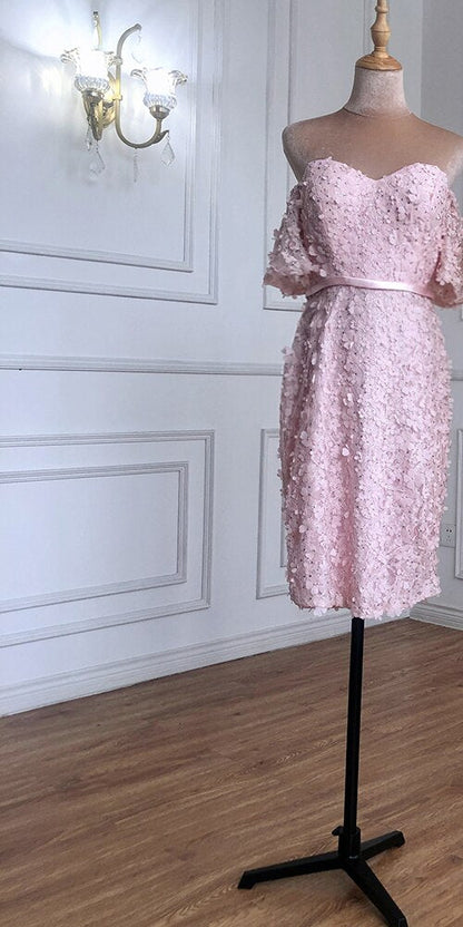 En oferta, sin devolución ni reembolso. Oferta, vestido de cóctel elegante y sexy de manga corta color champán, hecho a mano con flores y cristales, vestidos de cóctel para fiesta 2025 LA60730 