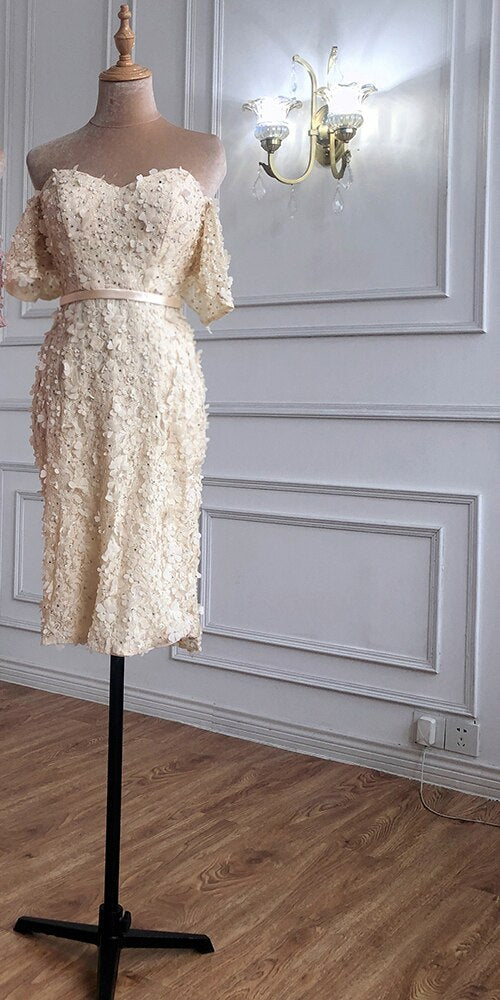 En oferta, sin devolución ni reembolso. Oferta, vestido de cóctel elegante y sexy de manga corta color champán, hecho a mano con flores y cristales, vestidos de cóctel para fiesta 2025 LA60730 