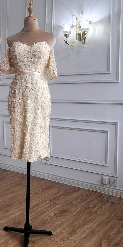 En oferta, sin devolución ni reembolso. Oferta, vestido de cóctel elegante y sexy de manga corta color champán, hecho a mano con flores y cristales, vestidos de cóctel para fiesta 2025 LA60730 