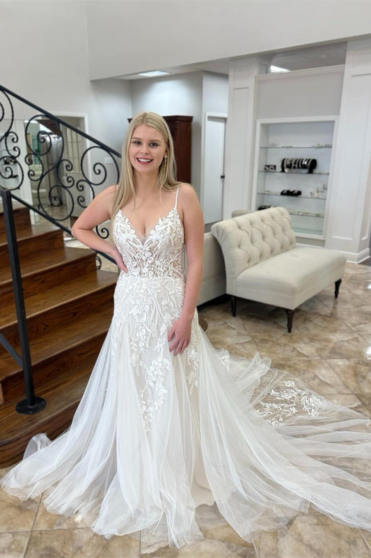 Vestido de novia encantador con escote en V, sin mangas, apliques de encaje y cola