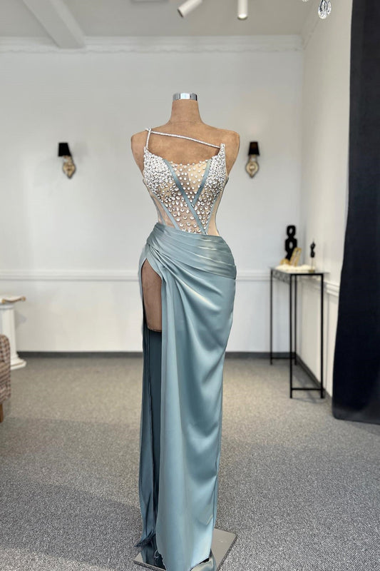 Charmantes Säulen-Abschlussballkleid mit einer Schulter, ärmellos, Strass, Tüll, Satin, Schlitz vorne, schöne Frau