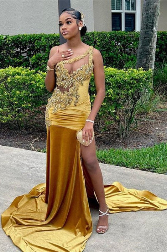 Vestido de fiesta con apliques de encaje, satén, sirena, un hombro, encantador, dorado y largo, con abertura