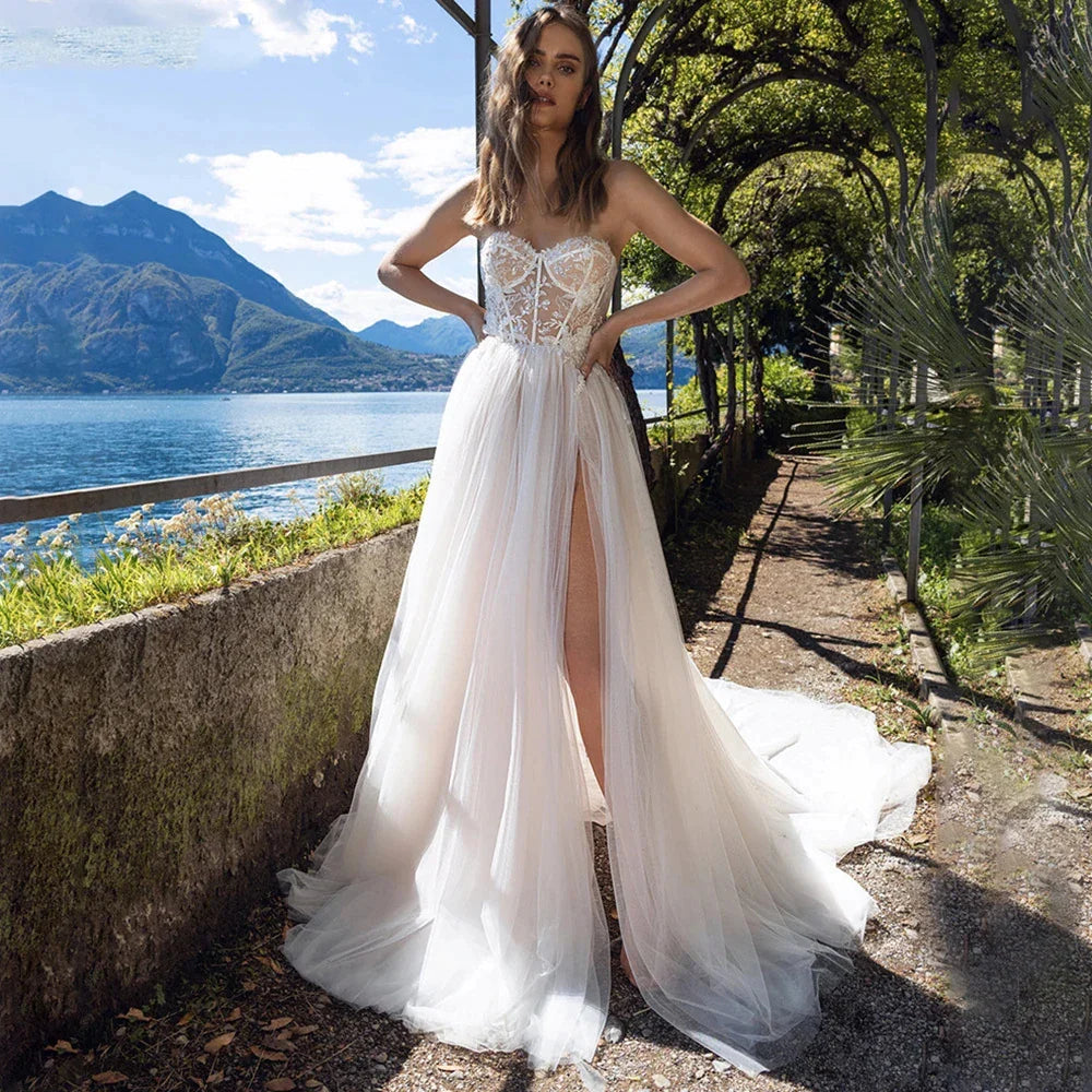 Charming High Fork Bohemian Sleeveless Sweetheart Mopping Wedding Dresses Off Shoulder Appliques Lace Bridal Gowns Boho Backless-payinti