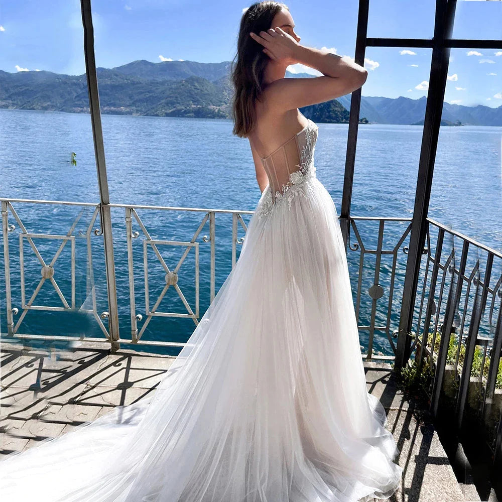 Charming High Fork Bohemian Sleeveless Sweetheart Mopping Wedding Dresses Off Shoulder Appliques Lace Bridal Gowns Boho Backless-payinti