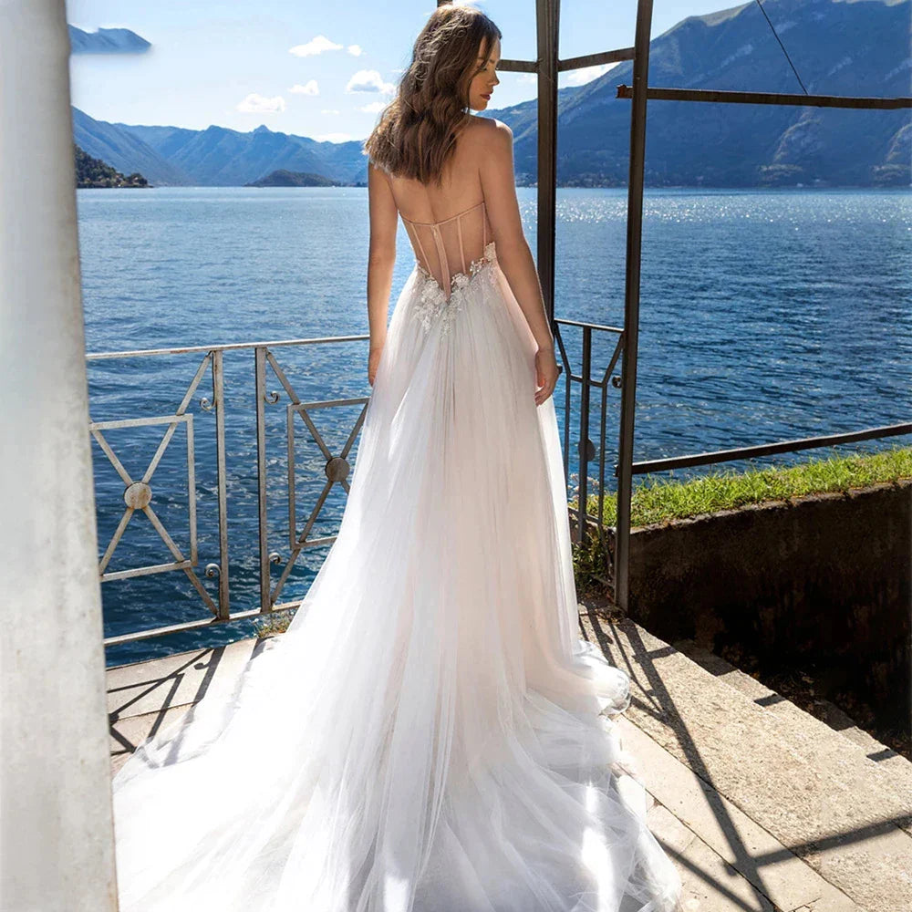 Charming High Fork Bohemian Sleeveless Sweetheart Mopping Wedding Dresses Off Shoulder Appliques Lace Bridal Gowns Boho Backless-payinti