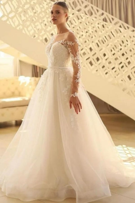 Vestido de novia encantador de tul con mangas largas y encaje en forma de A