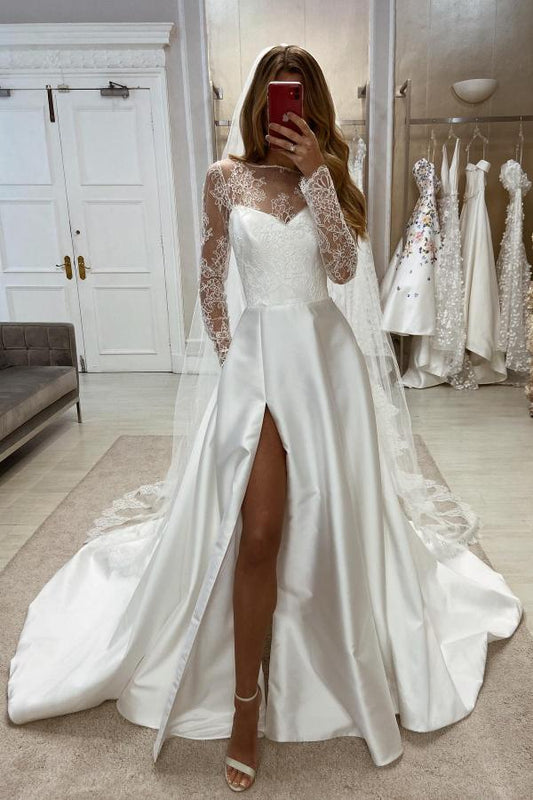 Encantadores vestidos de novia largos de satén blanco con abertura en forma de A y mangas largas