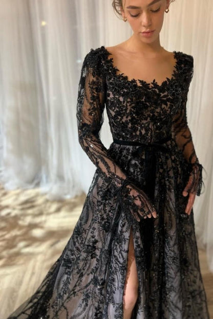 Vestido de novia largo con abertura, corte A, encaje, purpurina, mangas largas y encantador color negro