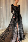 Bezauberndes langes schwarzes A-Linien-Brautkleid mit Spitze und Glitzer und langen Ärmeln