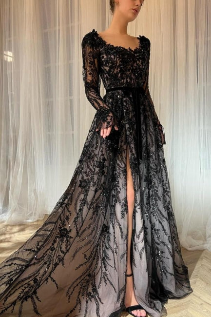 Vestido de novia largo con abertura, corte A, encaje, purpurina, mangas largas y encantador color negro