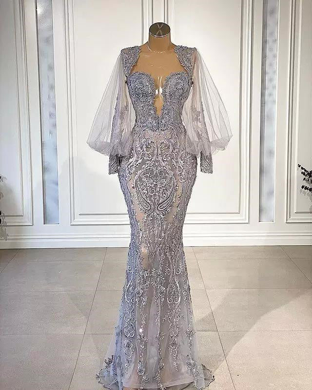 Encantadores vestidos de noche largos de sirena con escote en forma de corazón, de tul y encaje, con mangas abullonadas