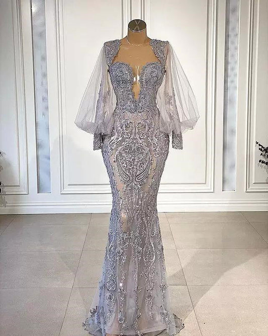 Encantadores vestidos de noche largos de sirena con escote en forma de corazón, de tul y encaje, con mangas abullonadas