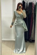 Vestido de fiesta de sirena con escote en V y mangas largas, encantador, con diamantes de imitación