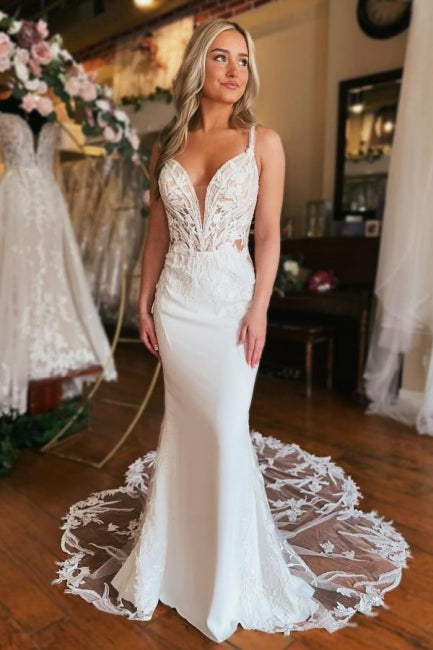 Encantador vestido de novia largo de sirena con escote en V y sin mangas con encaje