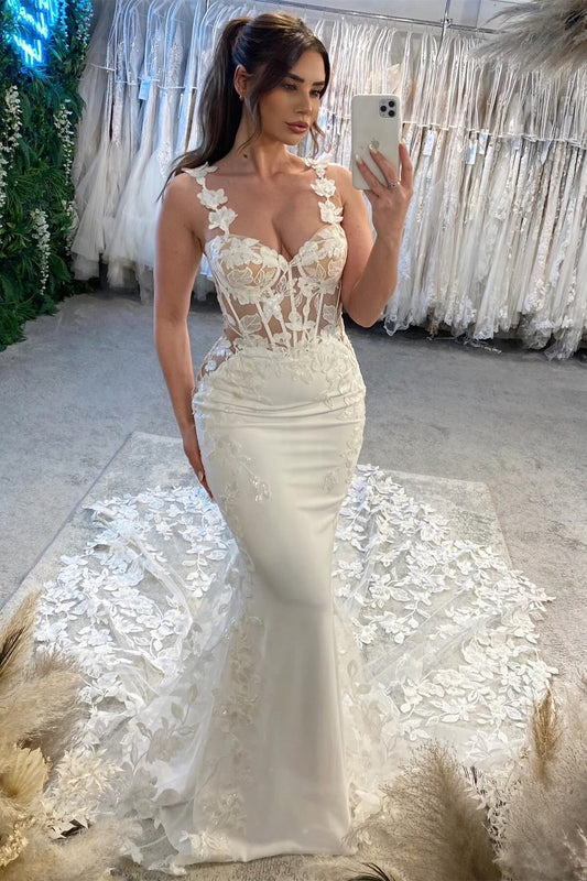 Vestido de novia encantador de sirena con hombros descubiertos, sin mangas, apliques de tul y encaje