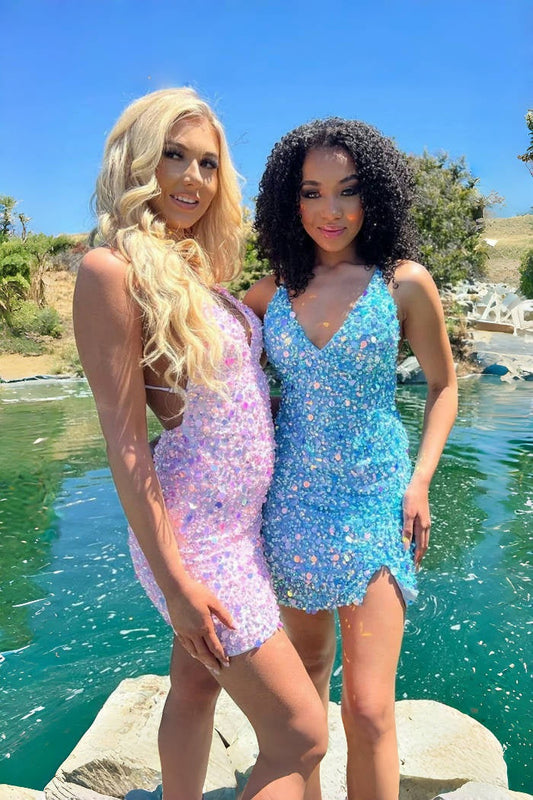 Vestido de fiesta encantador con tirantes finos, sin mangas, espalda abierta y lentejuelas
