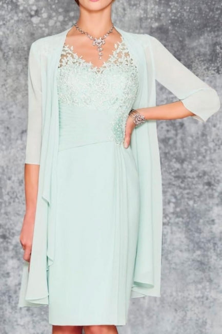 Charmantes kurzes mintgrünes Chiffon-Spitzenkleid für die Brautmutter mit Jacke