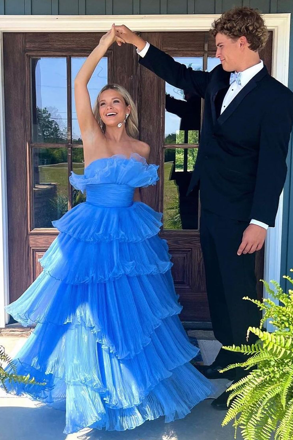 Charming A Line Strapless Blue Long Prom Dress with Ruffles