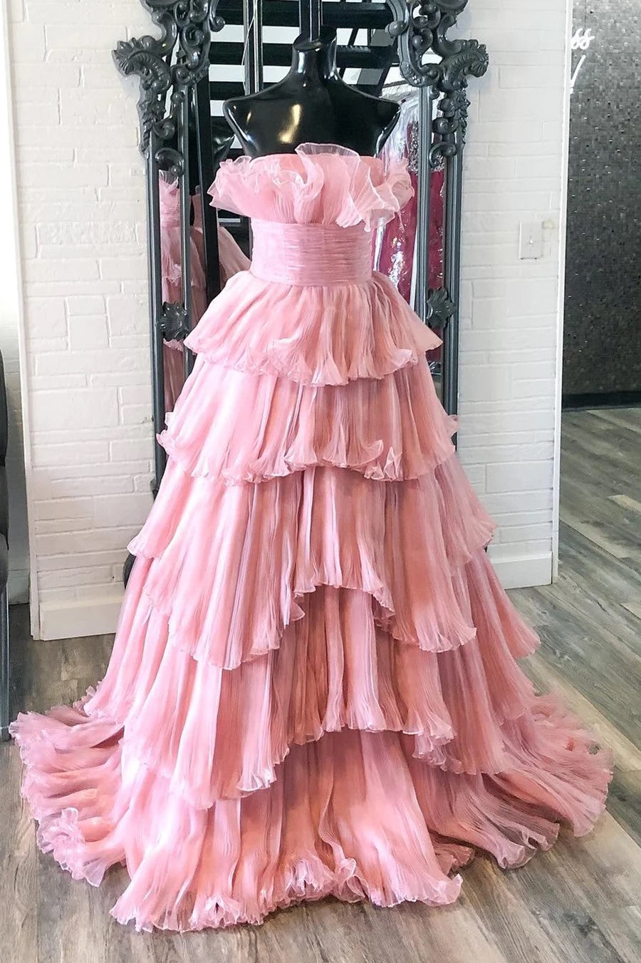 Charmantes trägerloses langes blaues Ballkleid in A-Linie mit Rüschen PSK492
