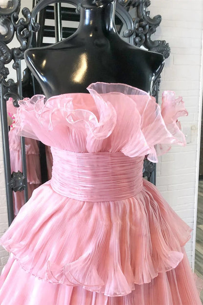 Charmantes trägerloses langes blaues Ballkleid in A-Linie mit Rüschen PSK492