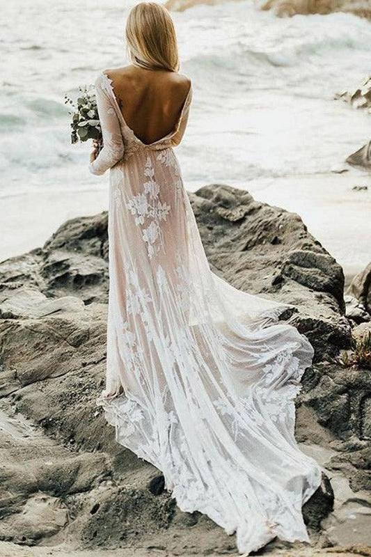 Vestido de novia playero con mangas largas y encaje tipo barco WD436