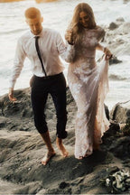 Vestido de novia playero con mangas largas y encaje tipo barco WD436