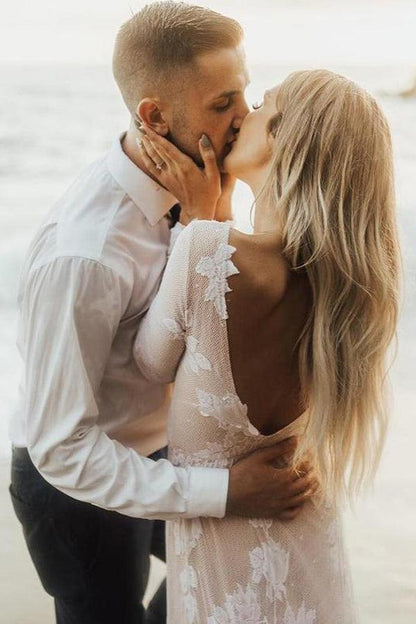 Vestido de novia playero con mangas largas y encaje tipo barco WD436