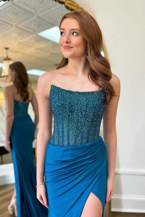 Charming Round Neck Mermaid Blue Prom Dress with Beading