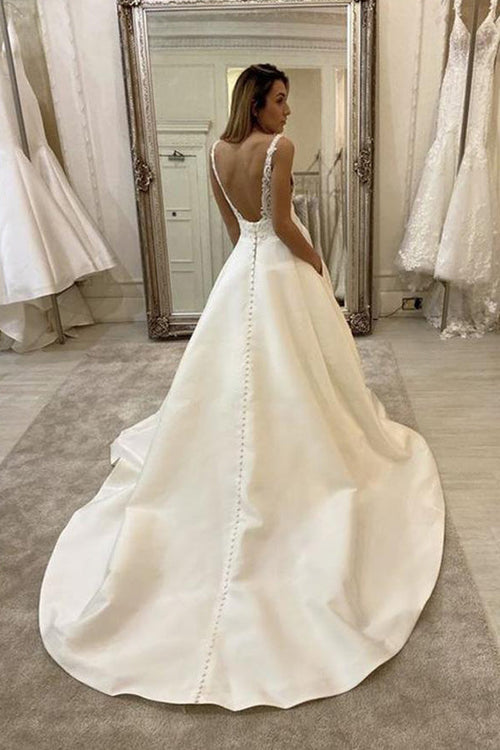 Vestidos de novia de encaje con escote en V baratos online, vestidos de novia únicos y económicos, MW495