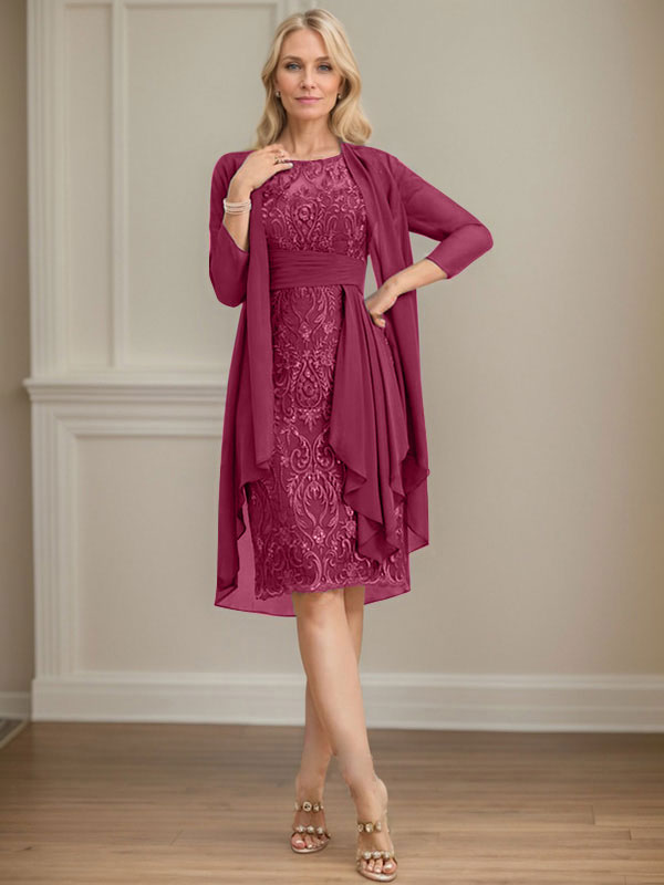 Vestido de madre de la novia de gasa con encaje, escote redondo, ilusión, largo hasta la rodilla, con volantes en cascada y lentejuelas