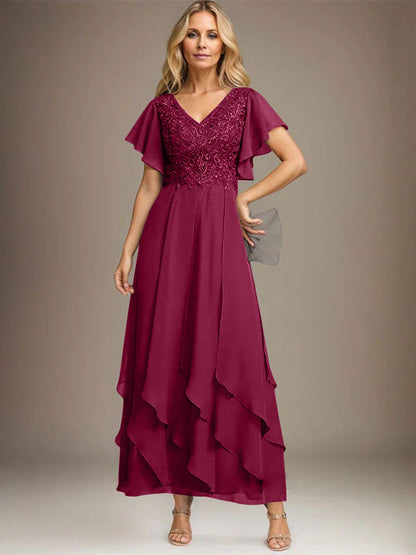A-line V-Neck Ankle-Length Lace Chiffon Mother of the Bride Dress With Cascading Ruffles
