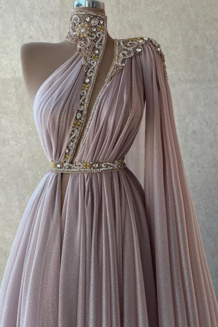 Elegantes vestidos de fiesta largos de encaje con cuello alto en rosa polvoriento y brillo