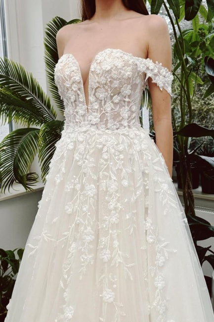 Vestido de novia elegante, largo, color marfil, corte A, hombros descubiertos, escote en V, sin mangas y con encaje