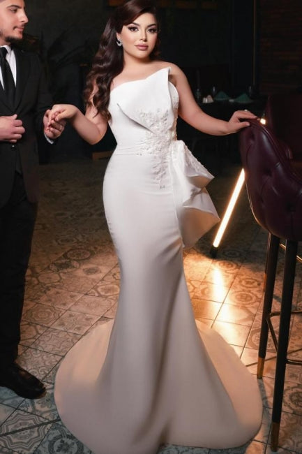 Vestido de novia elegante, largo, sirena, sencillo, de satén, sin tirantes, con encaje