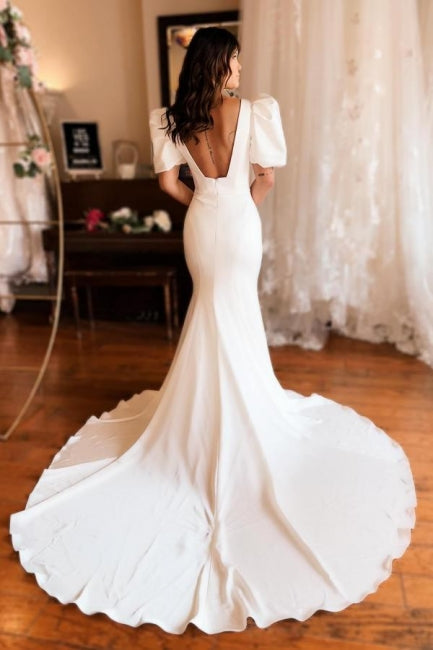 Vestido de novia elegante de satén con escote cuadrado, largo y sirena, sin espalda y mangas cortas
