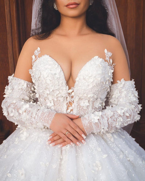 Vestido de novia elegante, largo, blanco, con escote en V, corte A, apliques, mangas y cola