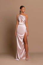 Simple A-line One Shoulder Satin Long Prom Dresses with Slit