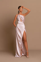 Simple A-line One Shoulder Satin Long Prom Dresses with Slit