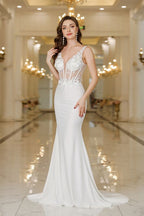 Elegante vestido de novia de sirena con escote en V, apliques de encaje blanco y perlas
