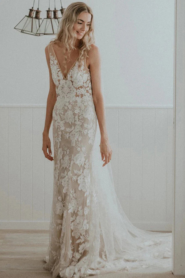Vestido de novia rústico elegante con escote en V y encaje floral WD658